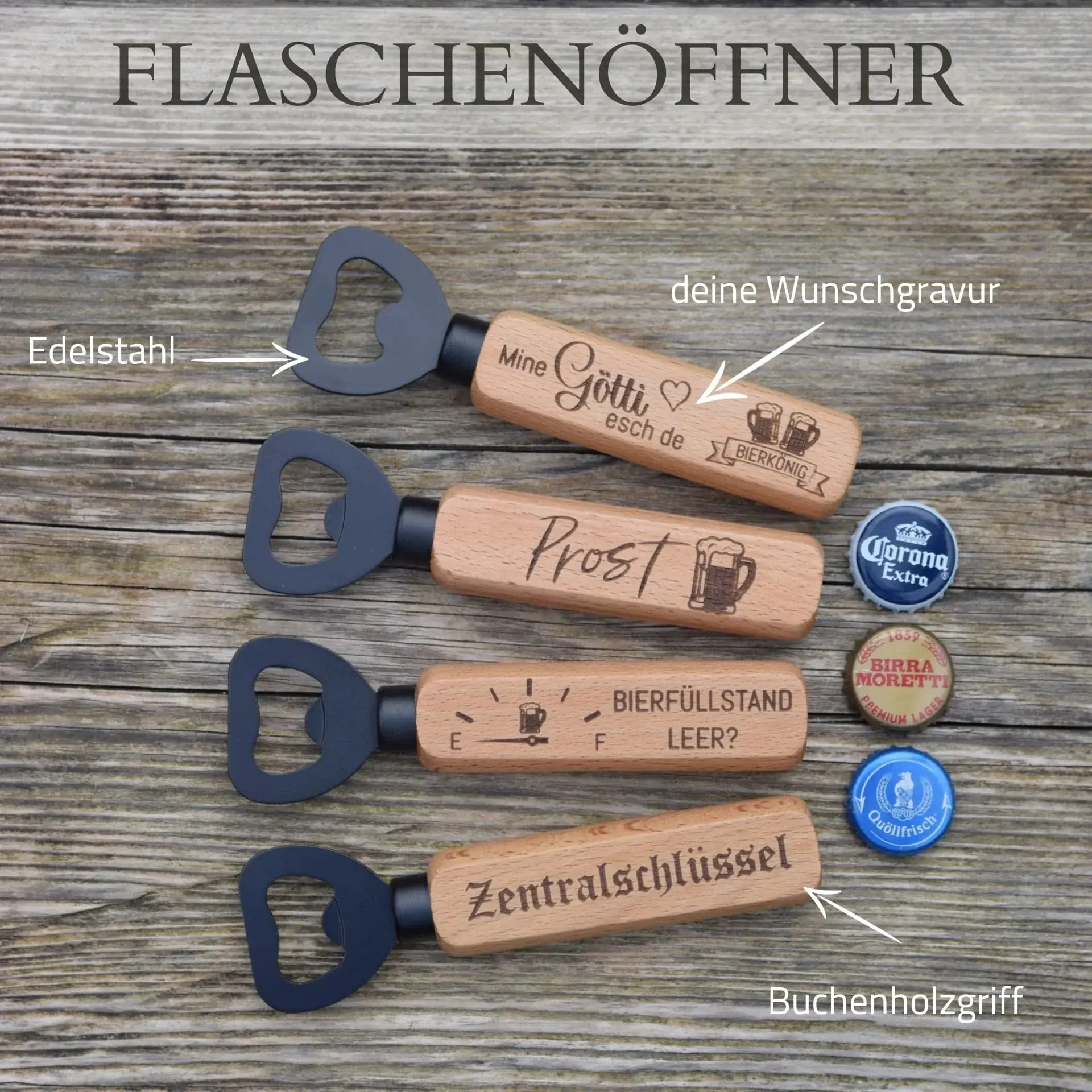 Flaschenöffner Buchenholz – Gravurbeispiele mit Materialhinweisen