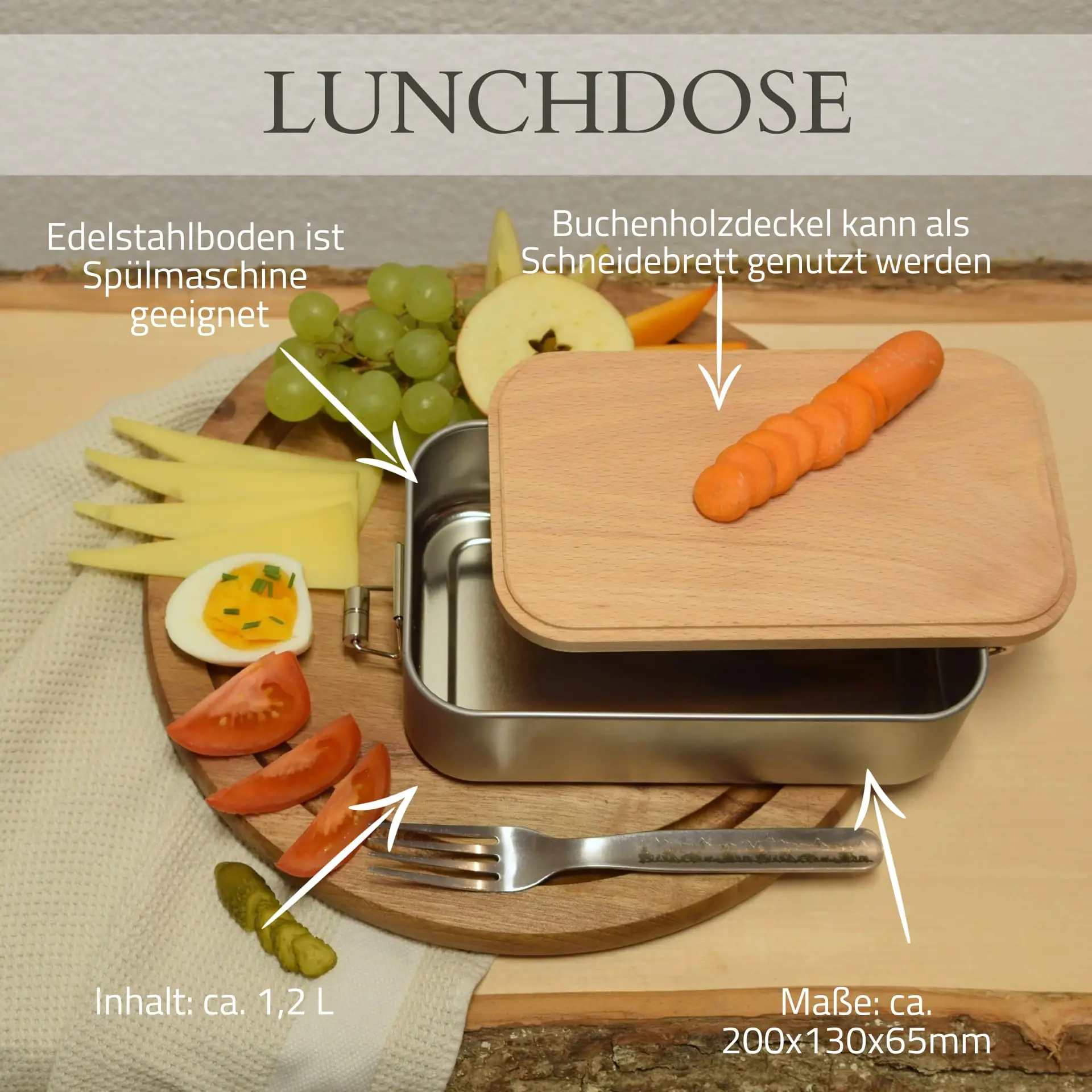 Lunchbox Edelstahl mit Holzdeckel – Offen mit Materialhinweisen und Massen