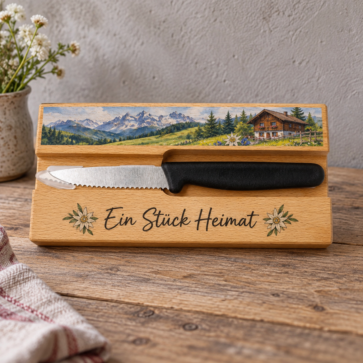 Schneidebrett Buchenholz mit Messer – Farbdruck Ein Stück Heimat