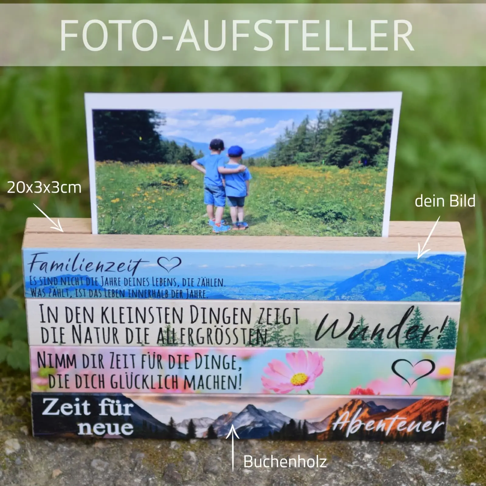 Fotoaufsteller Buchenholz – Gestaltungsbeispiele mit Foto
