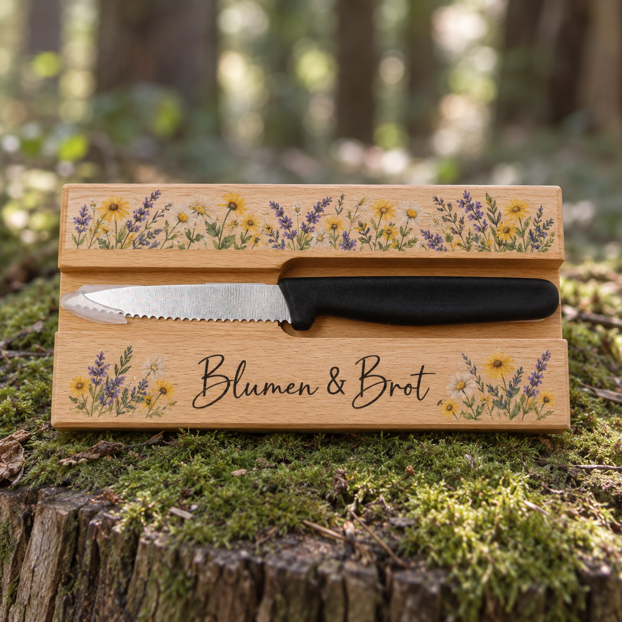 Schneidebrett Buchenholz mit Messer – Farbdruck Blumen und Brot