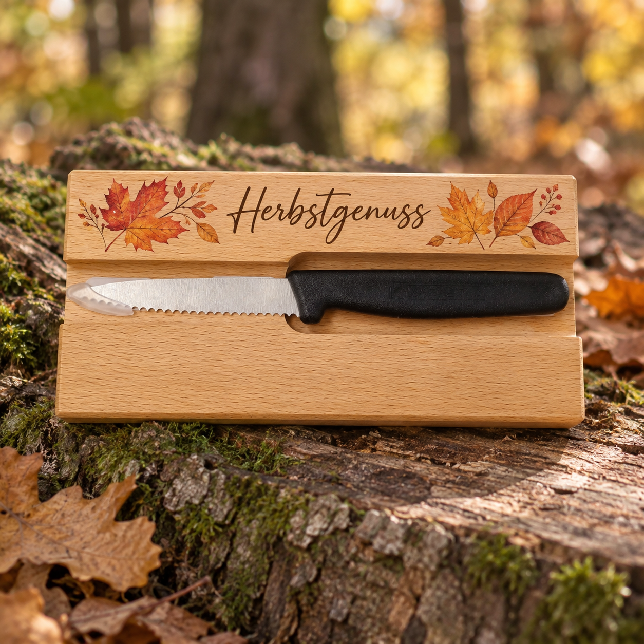 Schneidebrett Buchenholz mit Messer – Farbdruck Herbstgenuss
