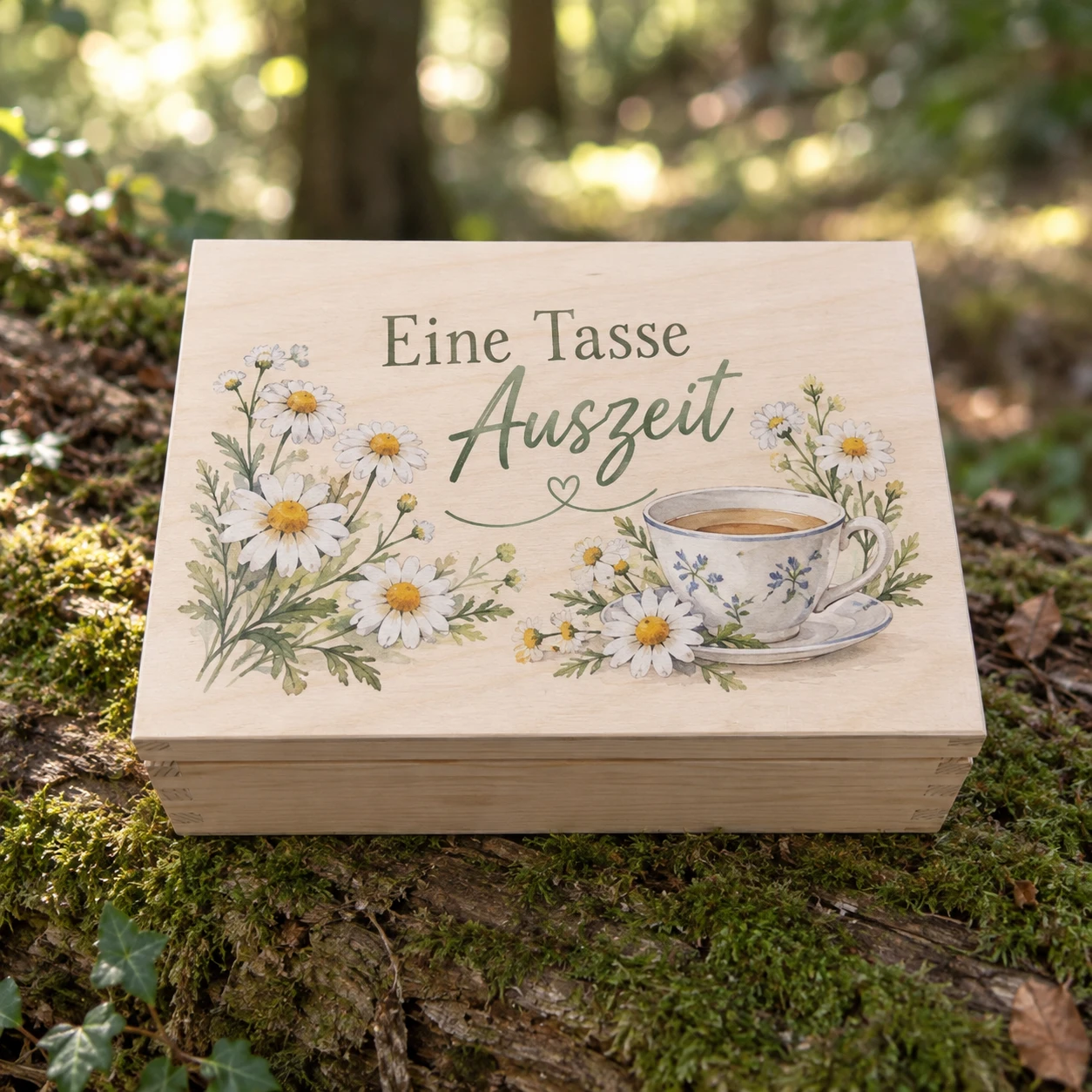 Teebox Holz 6 Fächer – Farbdruck Eine Tasse Auszeit