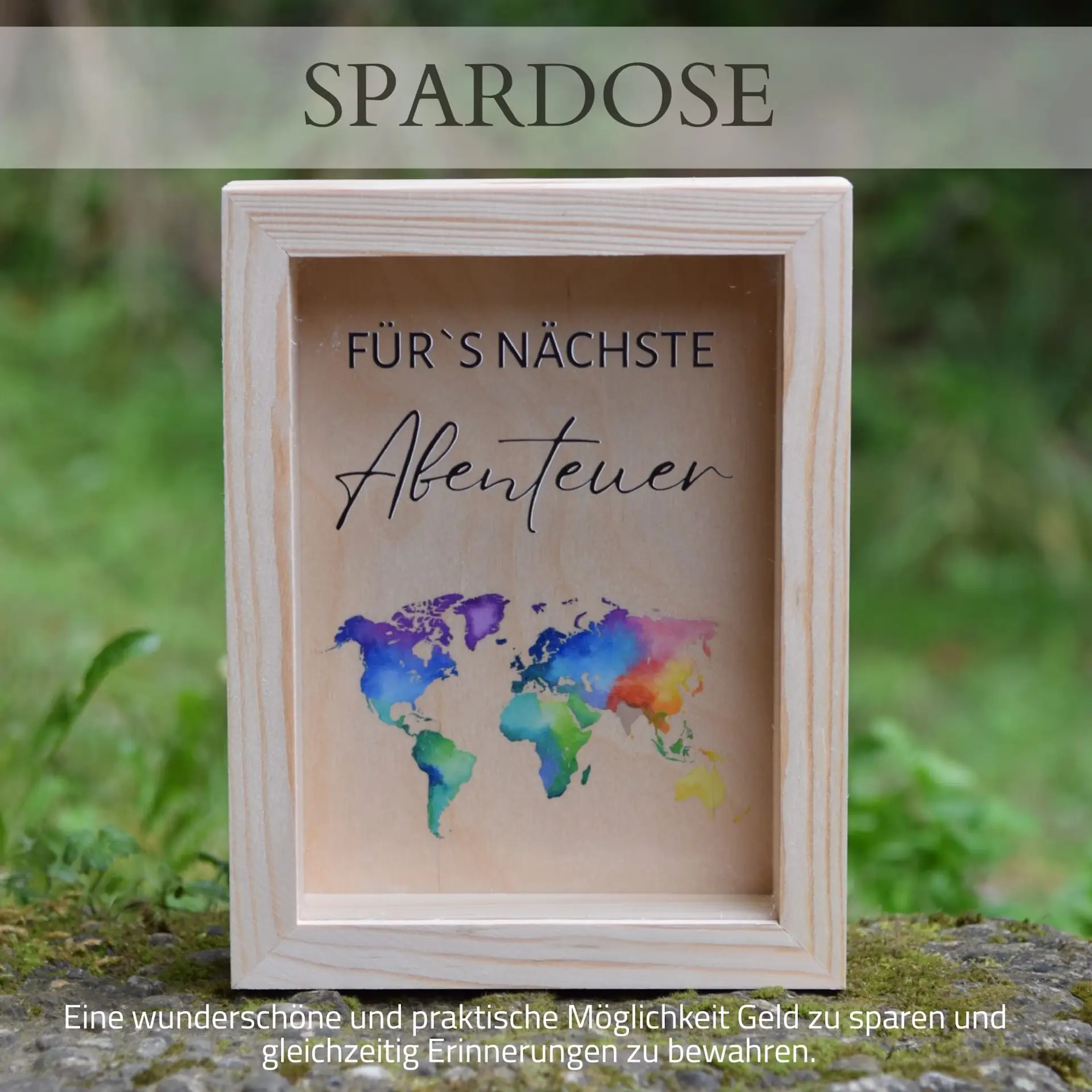 Holz-Spardose Bilderrahmen – Farbdruck Fürs nächste Abenteuer