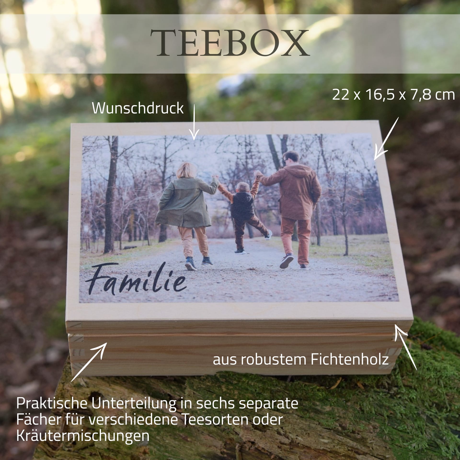 Teebox aus Holz mit 6 Fächern – Gestaltungsbeispiel