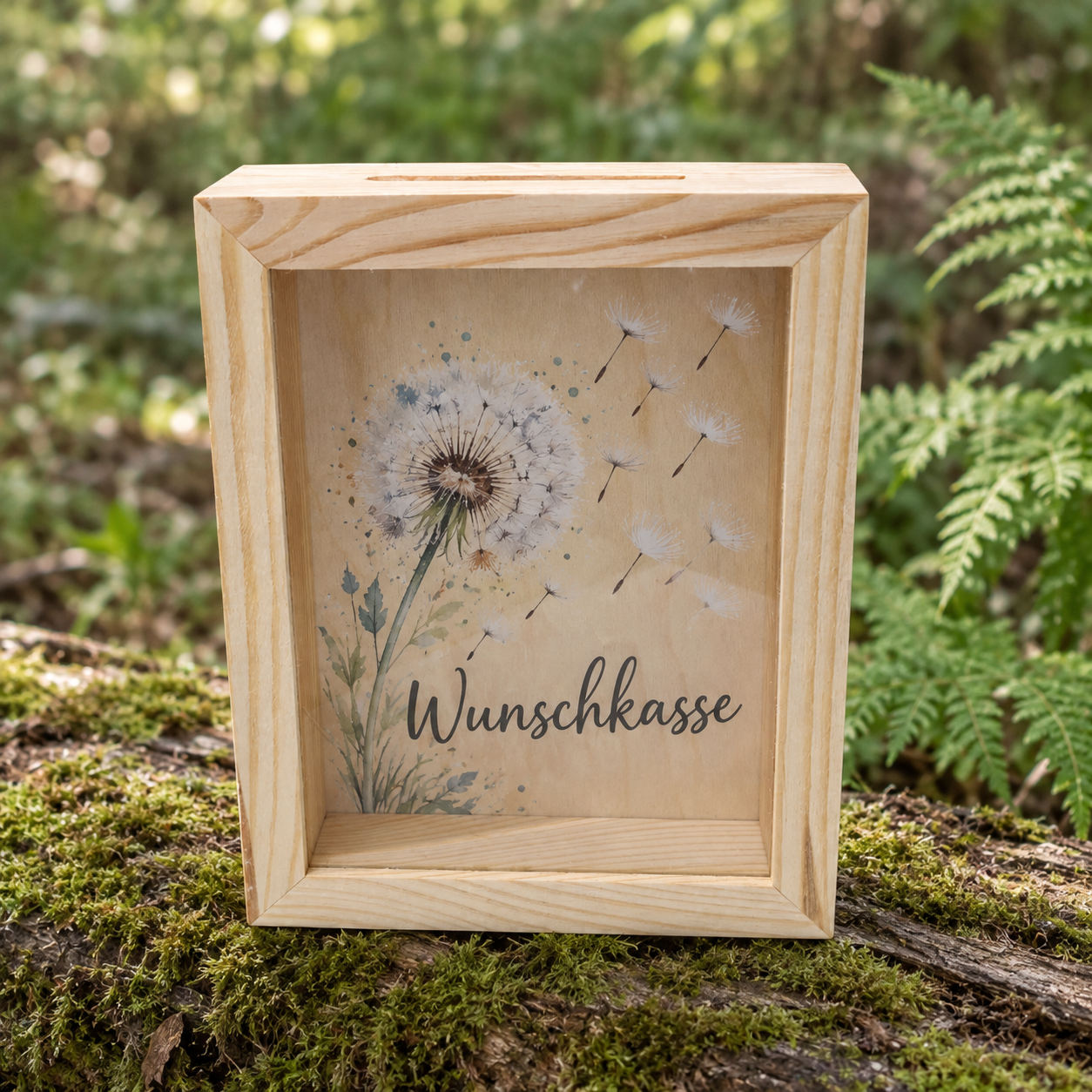 Holz-Spardose Bilderrahmen – Farbdruck Wunschkasse