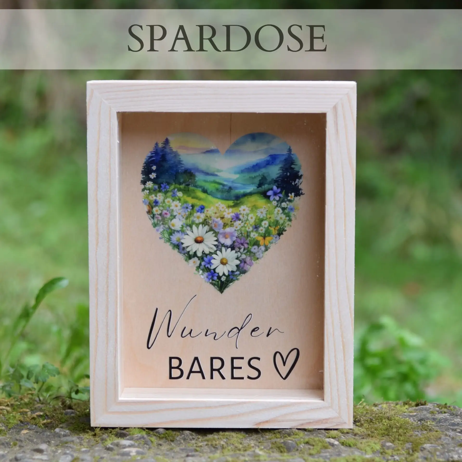 Holz-Spardose Bilderrahmen – Farbdruck Wunderbares Herz