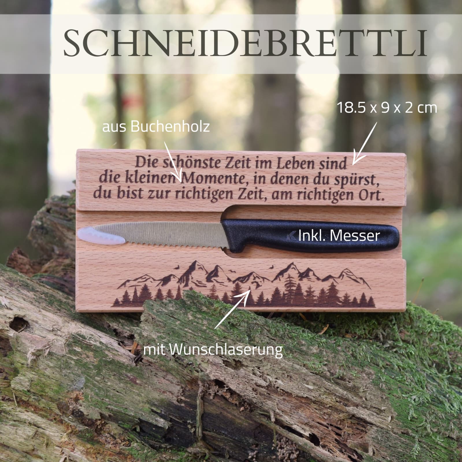 Schneidebrett aus Buchenholz – 18,5 × 9 cm – Gestaltungsbeispiel